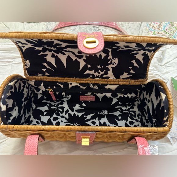 Kate Spade Wicker Picnic Basket Bag NWT Pink Leather Trim Floral Lining - Picture 4 of 9